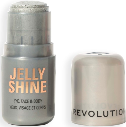 Een zilverkleurige container met Jelly Shine voor oog, gezicht en lichaam, met deksel ernaast.