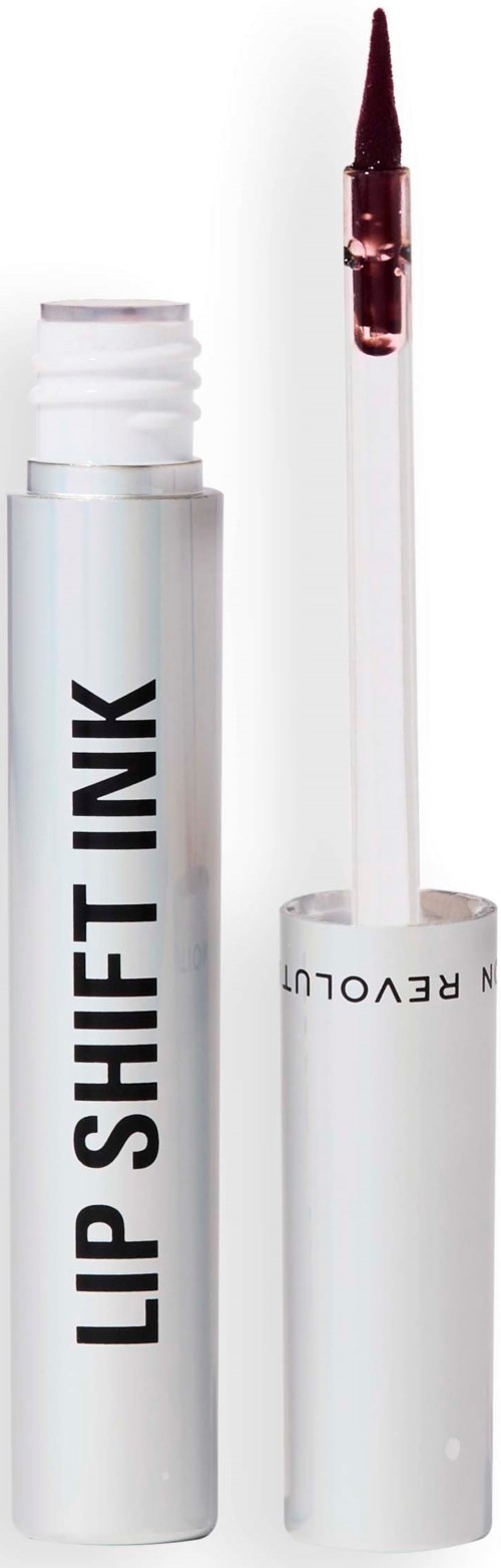 Een witte tube met 'LIP SHIFT INK' en een lipglossapplicator. Lipgloss is zichtbaar op de applicator.