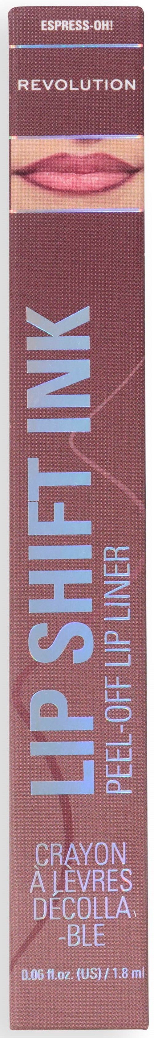 Lippenstiftverpakking met close-up van lippen, merknaam Revolution en productomschrijving in pastelkleuren.