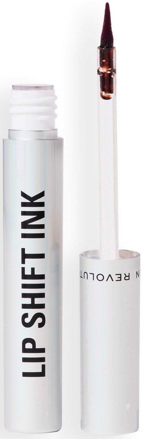 Lippen verschuif inkt met kwastapplicator, witte tube, zwarte tekst, en donkere inkt aan de punt.
