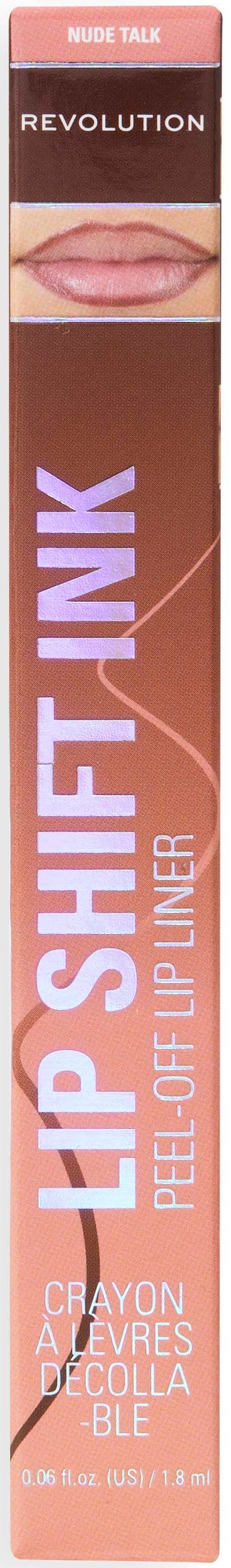 Een lange roze doos toont een lippenpotlood genaamd 'LIP SHIFT INK'. Het heeft een afbeelding van lippen en productinformatie.