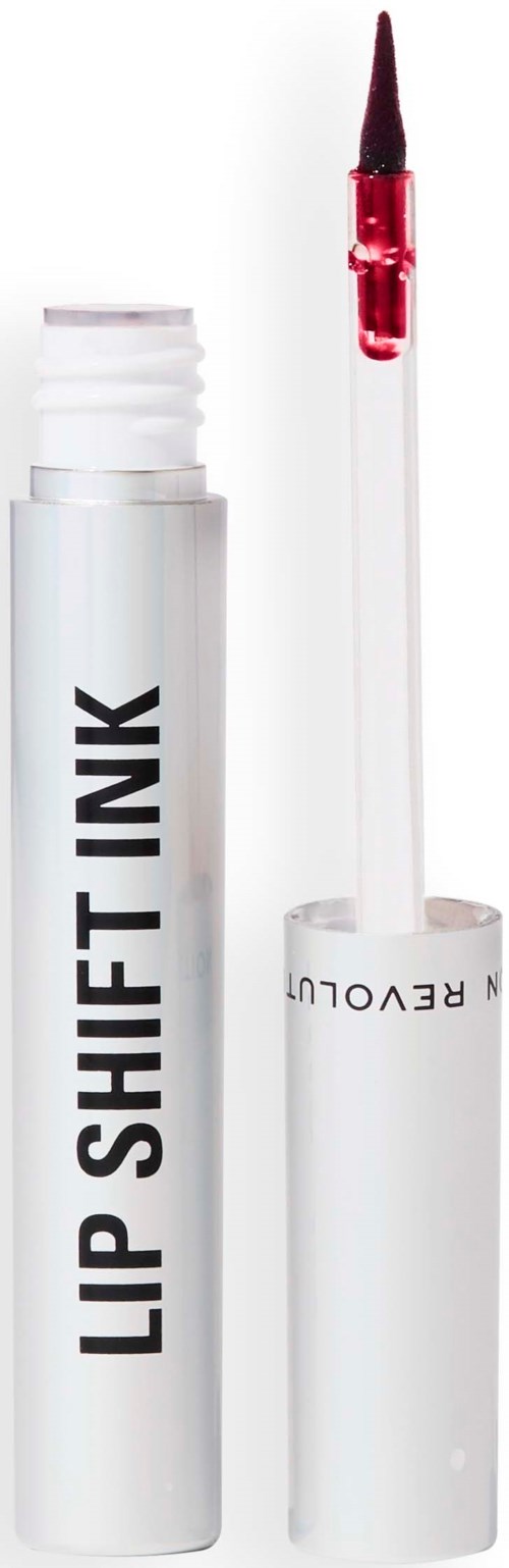 Een witte tube met label 'LIP SHIFT INK' zonder dop, met een applicator met rode lipgloss.