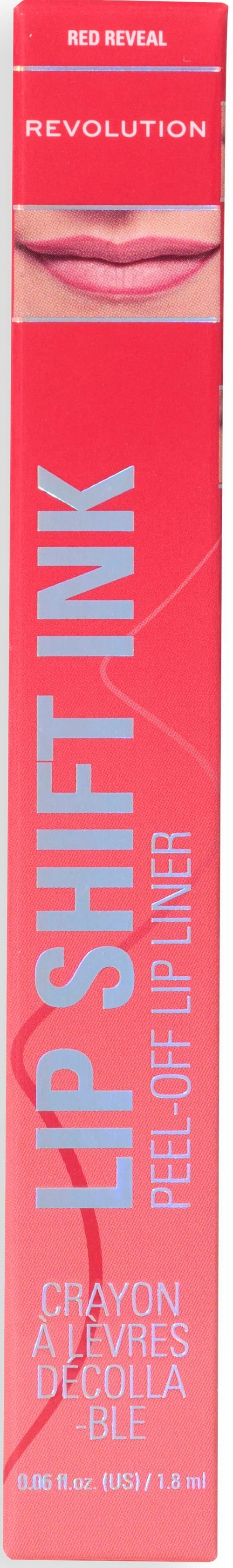 Een roze doosje voor lipgloss met lippen en tekst over peel-off lipliner, met zwarte achtergrond.