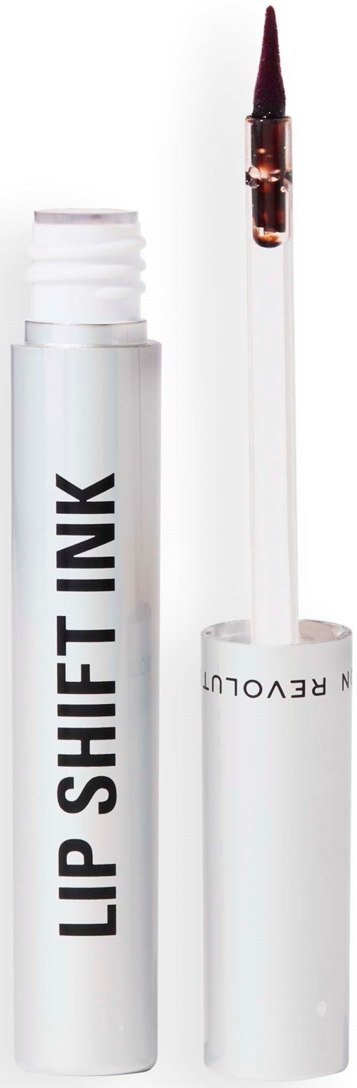 Een witte lip shift-inktpen met penseelapplicator die rode lippenstift toont.