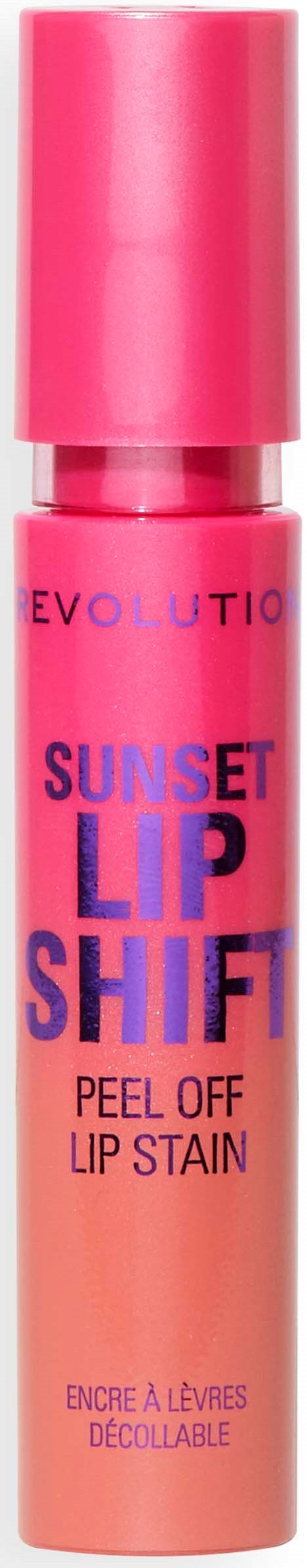 Roze lip stain container met blauwe en roze tekst, gelabeld "Sunset Lip Shifter".
