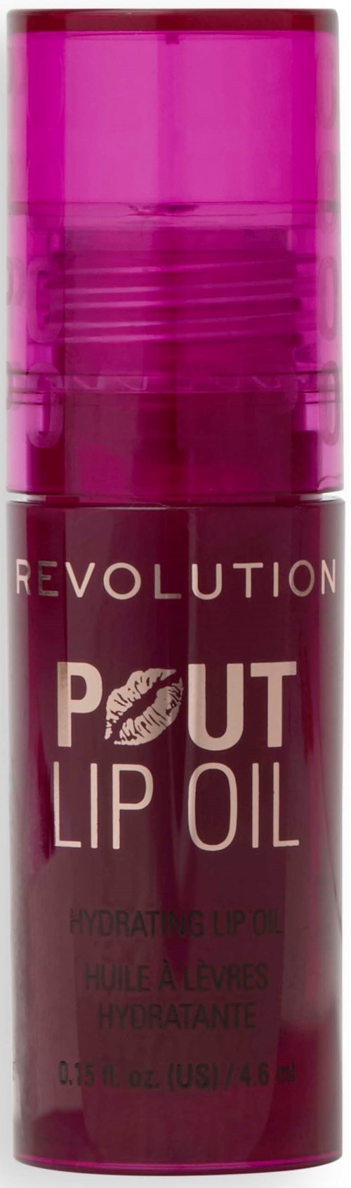 A pink bottle of Revolution Pout Lip Oil for moisturizing lips with a clear cap.