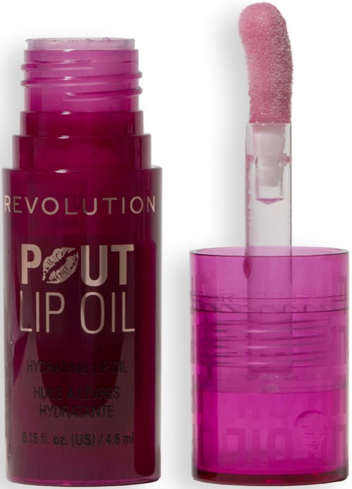 Pink lip oil tube with applicator wand, labeled 'Revolution Pout Lip Oil' on the bottle.