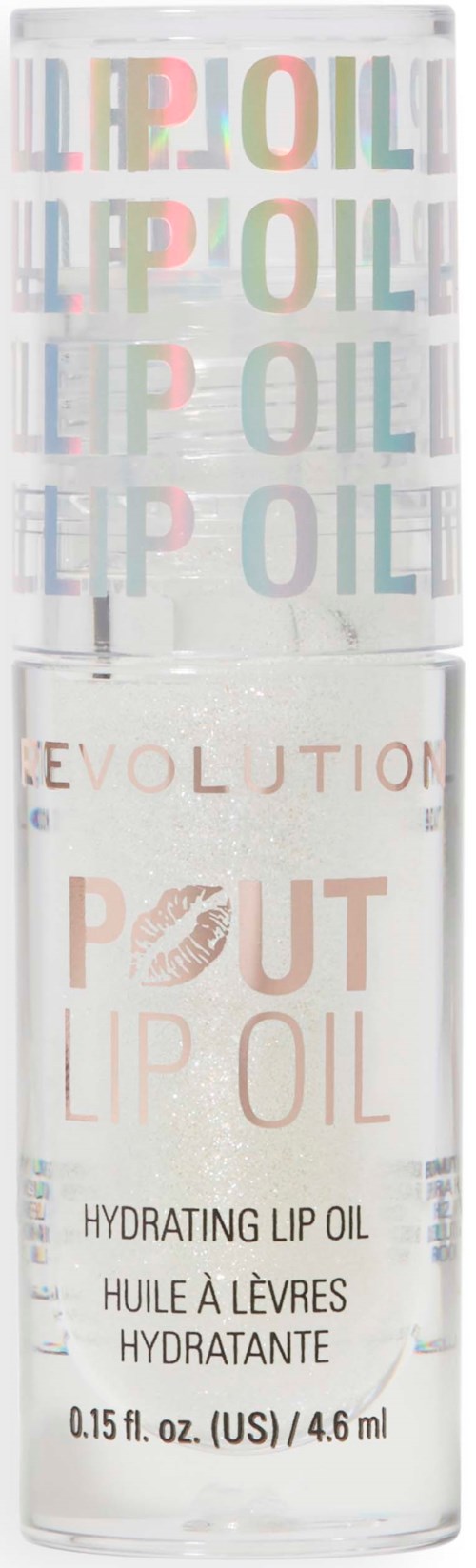 A clear tube labeled 'Revolution Lip Oil' with colorful repeated text and a lip print, indicating it is a lip oil product.