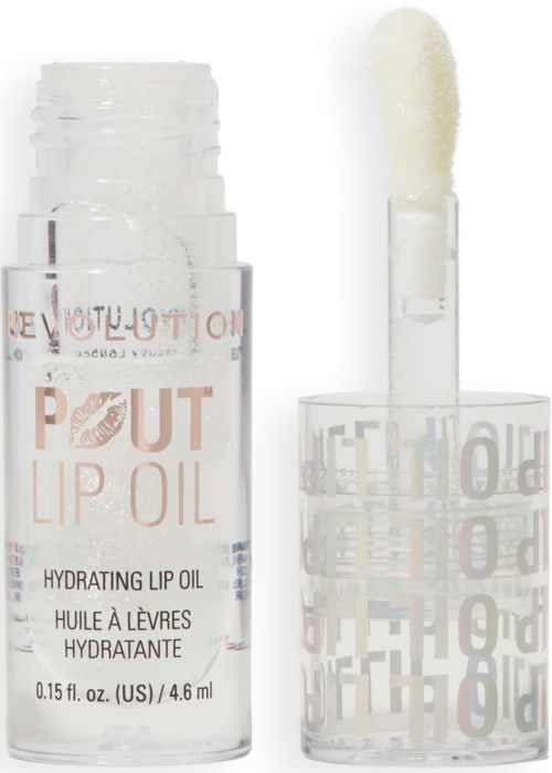 Lip oil in a small clear bottle with a white applicator wand. Text on bottle says "Pout Lip Oil."