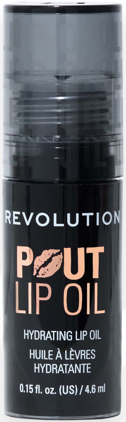 Een zwarte tube met een doorzichtige dop, gelabeld 'Revolution Pout Lip Oil,' toont een hydraterende lipproduct.