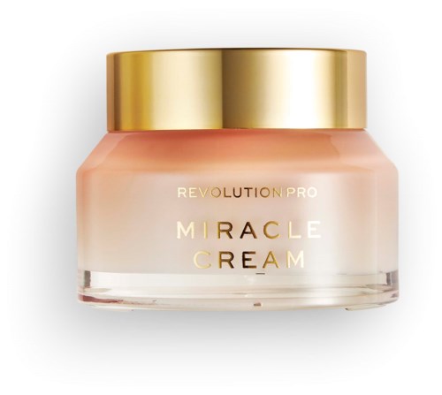 Een pot Revolution Pro Miracle Cream met gouden deksel en roze crème.