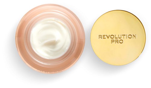 Een ronde deksel met een roze rand bevat witte crème, en een gouden deksel met "REVOLUTION PRO" erop.
