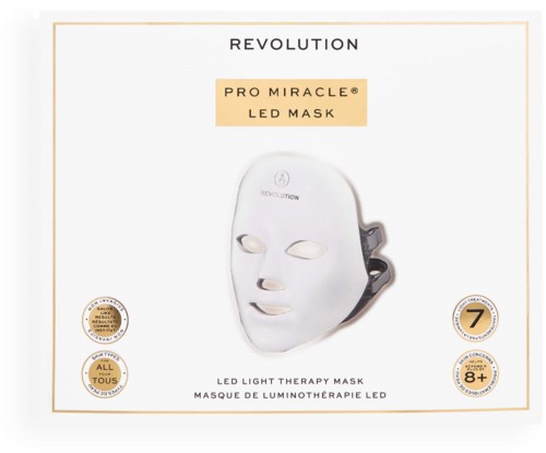 Box packaging for Revolution Pro Miracle LED Mask with face mask and labels about LED light therapy.