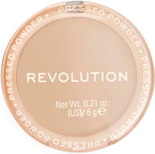 Een ronde beige make-up compact met 'REVOLUTION' erop en productdetails eromheen.