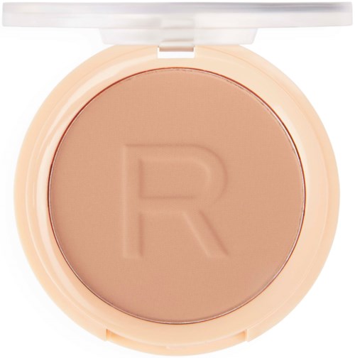 Ronde compact met beige poeder en een grote R-embossing.
