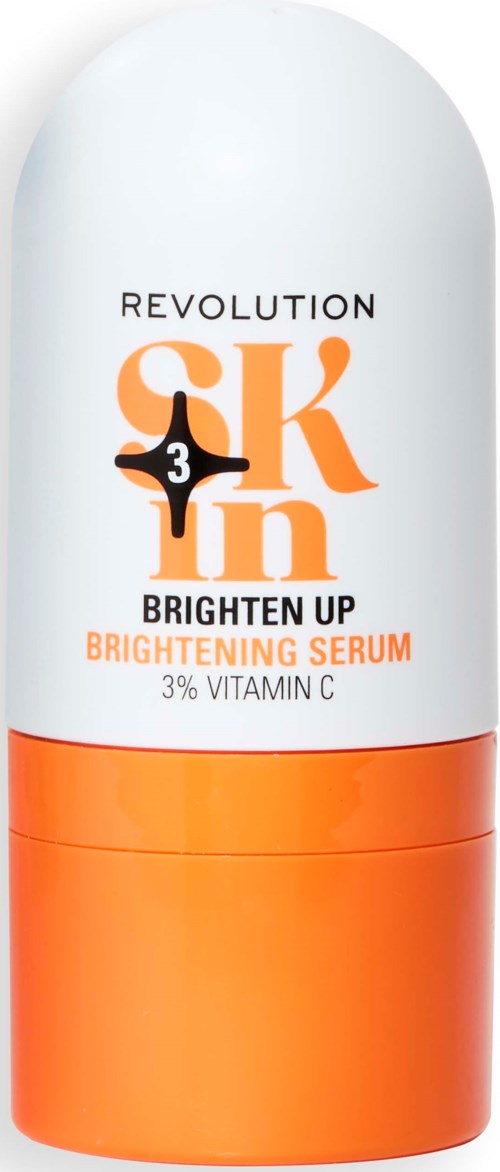 En hudpleieflesk med hvit og oransje design, merket "Revolution" og "Brightening Serum" med vitamin C.