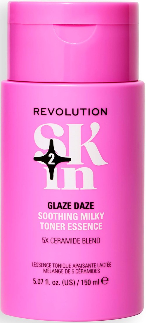 Roze fles met zwarte en witte tekst, gemarkeerd als verzachtende en hydraterende tonic.