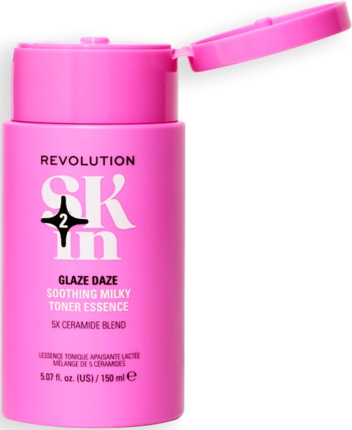 Roze fles met een klep, gelabeld 'Revolution Sk- in' en 'Glaze Daze' kalmerende toner.