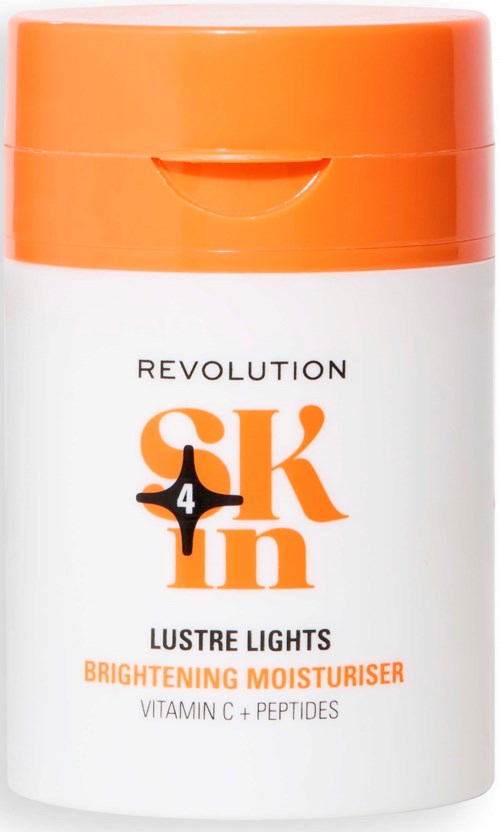 En oransje og hvit flaske merket 'Lustre Lights Brightening Moisturiser' med Vitamin C og Peptides.