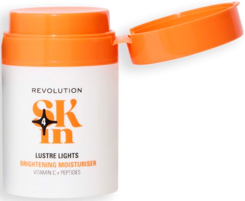 Oransje lokk åpen, hvit beholder med hudpleieprodukt med svart, oransje og hvit etikett, viser Brightening Moisturiser for hud.