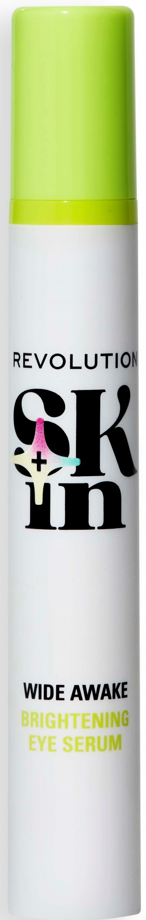 Een witte fles met een geel-groene dop en etiket, gemarkeerd 'Revolution SKIN Brightening Eye Serum'.