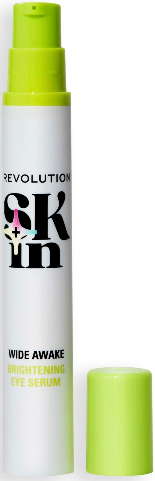 Een witte en groene fles met dop, gemarkeerd 'Revolution Skin Brightening Eye Serum,' rechtopstaand.