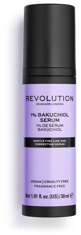 Violetti ja musta pullo seerumille, jossa lukee 'Revolution Skincare London' ja 1% Bakuchiol, sekä tieto vegaaniksi ja cruelty free.