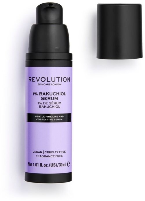 Violetti ihonhoitoseerumi pullo mustalla korkilla ja etiketillä. Merkinnässä lukee 1% Bakuchiol seerumi. Korkki on pois.