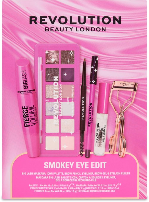 Revolution Beauty London sminksett med mascara, øyenbrynsblyant, øyeskuggpallett, eyeliner, vippeløfter og bryngel på rosa bakgrunn.