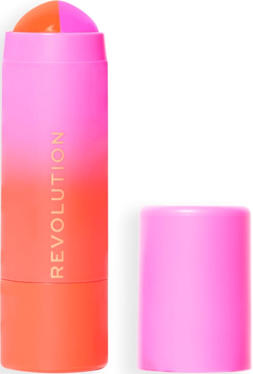 Een roze en oranje make-upstift met een verwijderbare roze dop. Het woord 'REVOLUTION' staat erop.