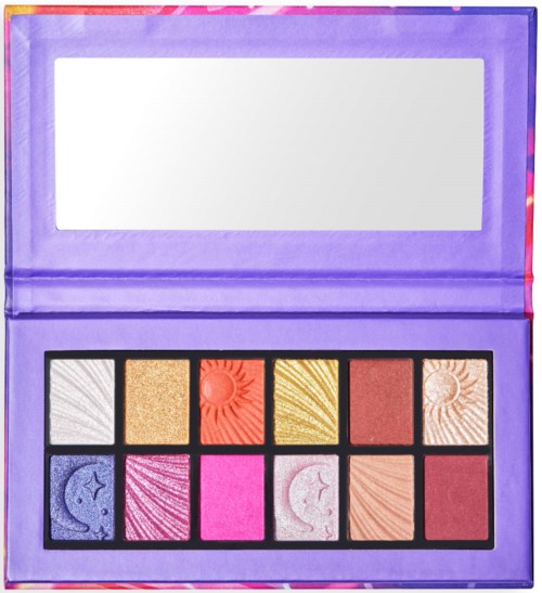 A colorful makeup palette with twelve shades, including blues, pinks, reds, and golds, in a purple case.