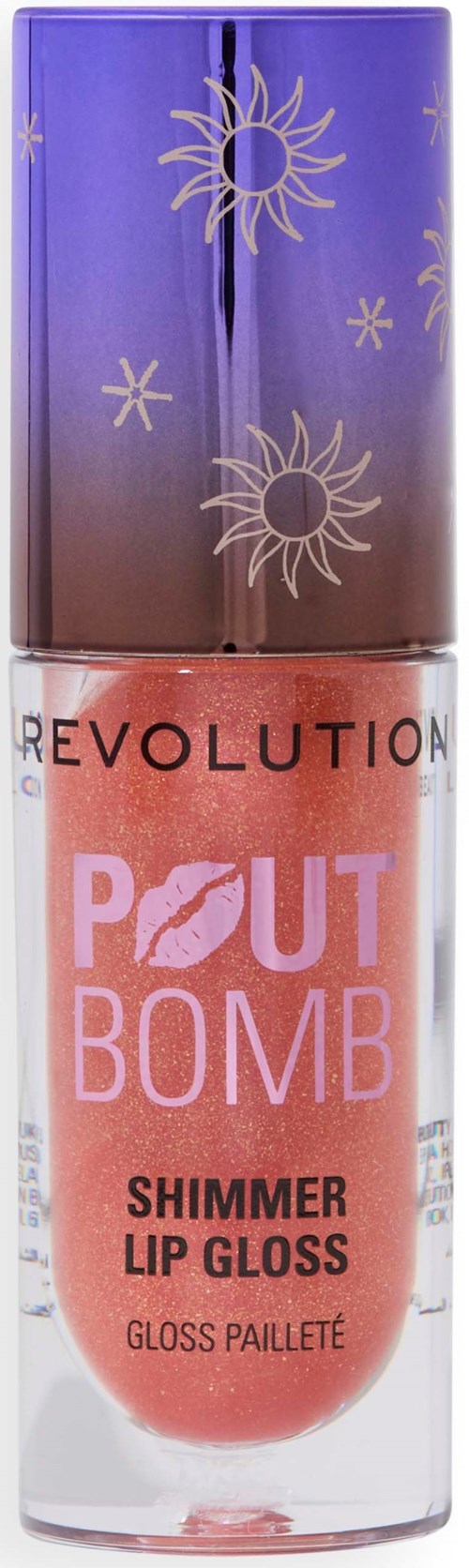 Roze lipglossflesje met glanzende zilveren dop, versierd met zon en sterren, gemarkeerd 'Revolution Pout Bomb.'