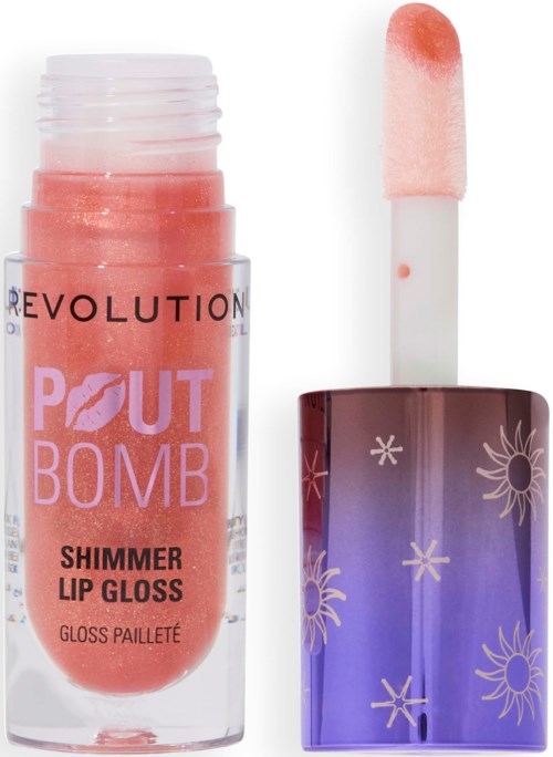 Lippenbalsem in een tube met glanzende roze gloss; applicator naast uitgestoken met roze gloss, en een paarse dop met sterren en zonnen.