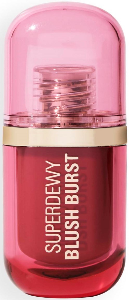 Pink lip gloss container with a clear cap and gold band, labeled "Superdewy Blush Burst."