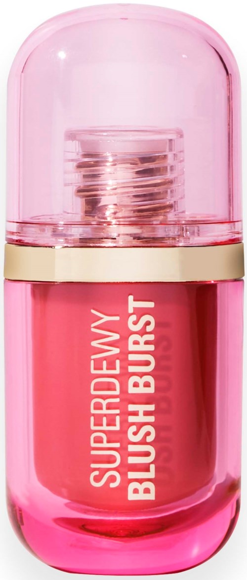 Klein roze cosmetica container met doorzichtige dop, gelabeld 'Superdewy Blush Burst'.