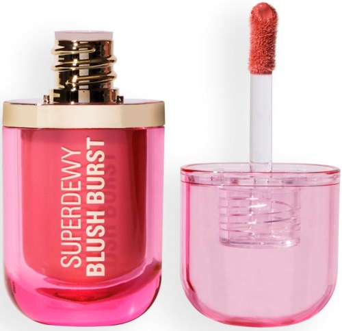 Roze lippenstiftfles met losse applicator en spons, gelabeld 'Superdewy Blush Burst'.