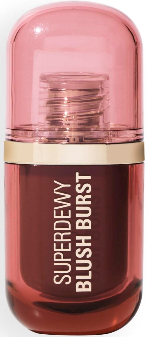 A pink and red bottle labeled 'Superdewy Blush Burst' with a clear lid and gold band.