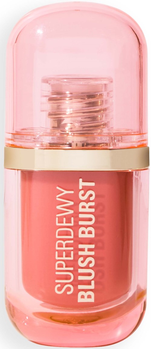 Pink lipstick tube with a clear cap and gold band, labeled "Superdewy Blush Burst."