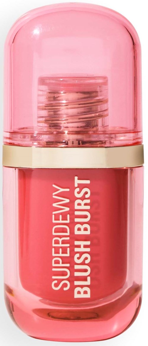 A pink cosmetic container with a clear lid, labeled 'Superdewy Blush Burst'.