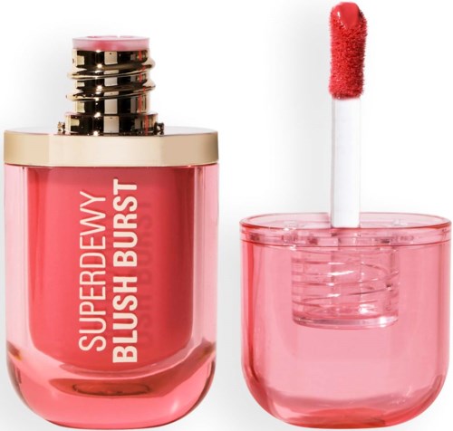 Lip gloss with a red tint, open container and applicator stick. The bottle is pink with white text.