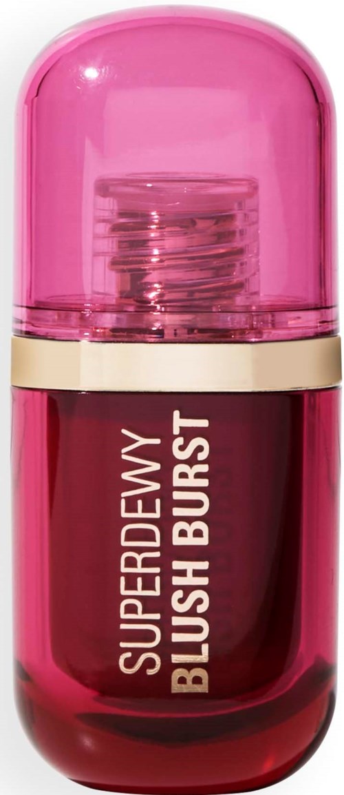 Roze en goudkleurige houder met label Superdrug Blush Burst, waarschijnlijk een blushproduct.
