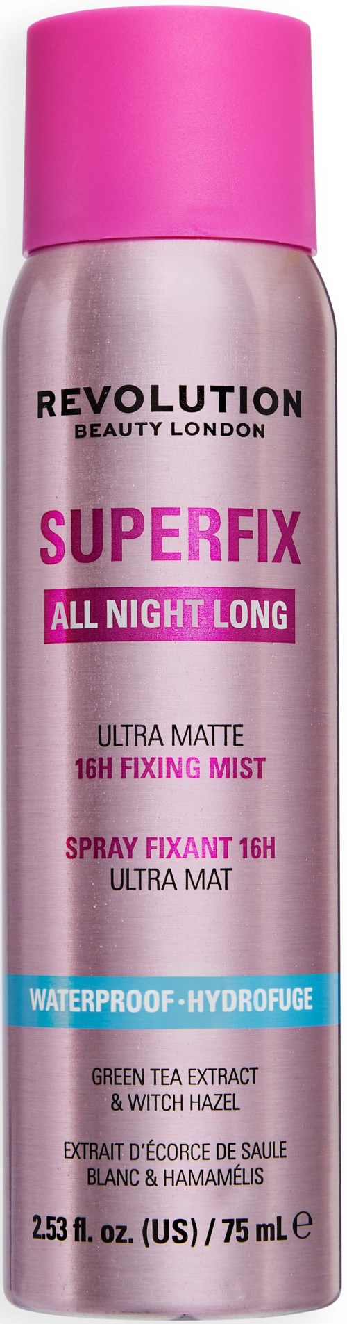 Pink cylindrical can with black and pink text, labeled Revolution Superfix all night long waterproof fixing mist.