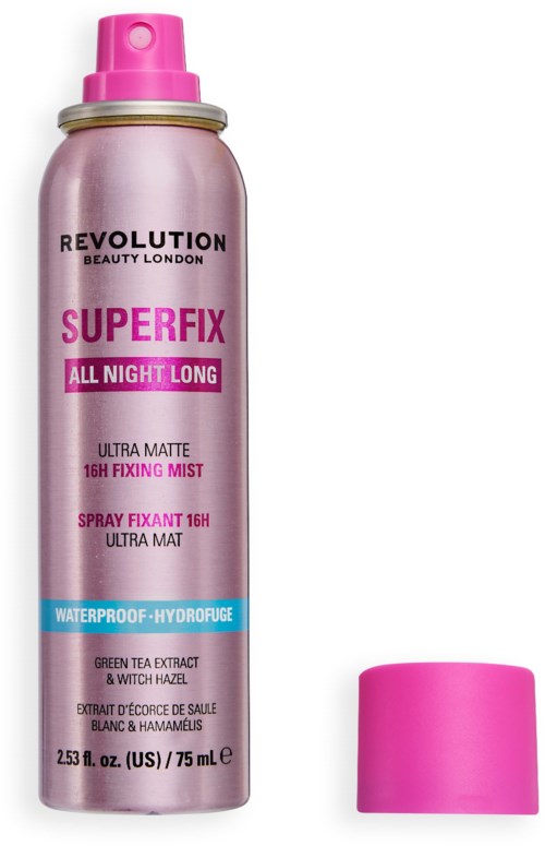 Pink spray can of Revolution SuperFix All Night Long with lid next to it, featuring green tea extract and witch hazel.