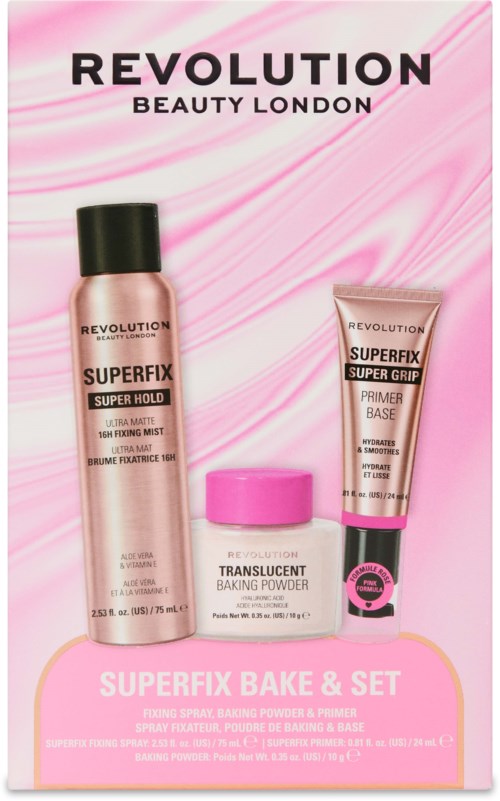 Revolution Beauty London-logga med tre makeup-produkter: ett spray, en dosa och en tub, på rosa bakgrund.