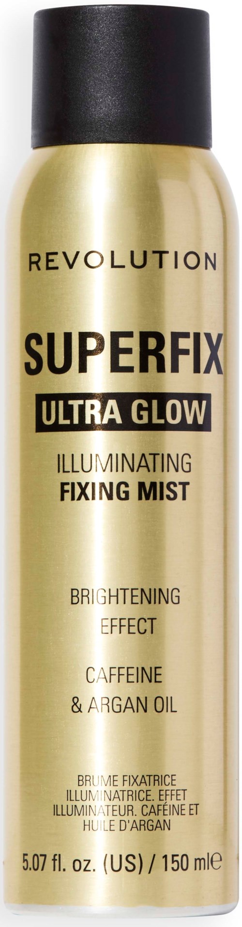 Gouden en zwarte spuitbus voor fixatiespray met oplichtende, cafeïne en arganolie, genaamd SuperFix Ultra Glow.