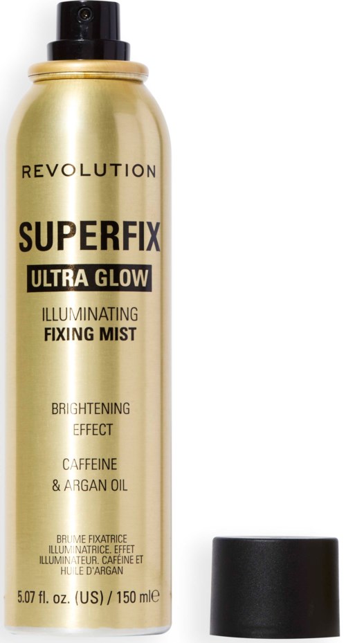 Een gouden spuitbus van Revolution Superfix Ultra Glow met zwarte dop. Bevat verhelderend effect, cafeïne en arganolie.