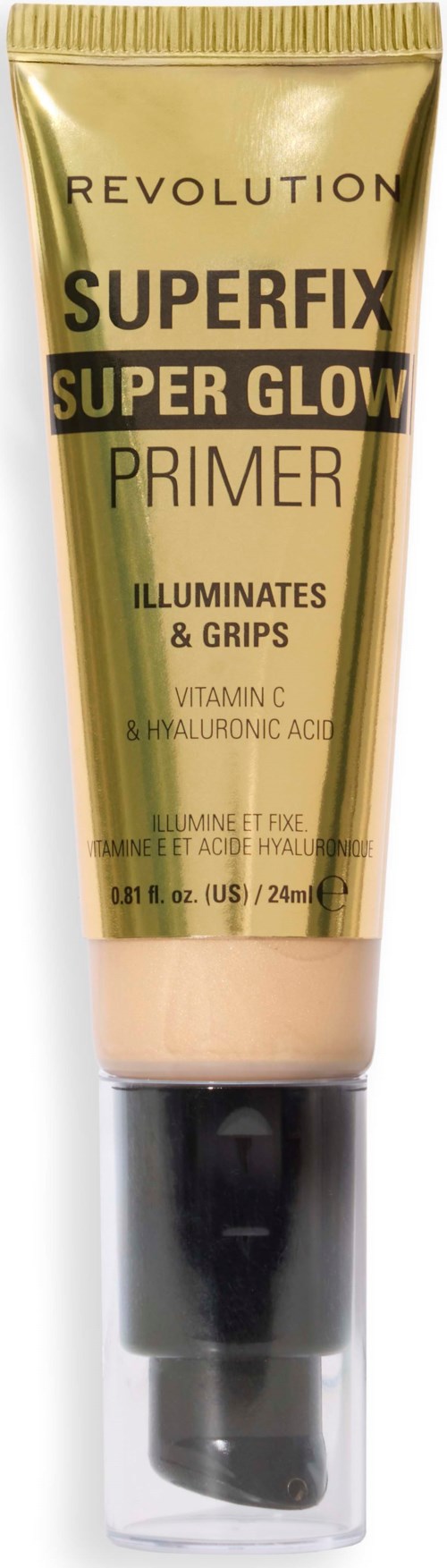Gouden tube met Revolution Superfix Super Glow Primer, zwarte dop en doorzichtig onderkant.