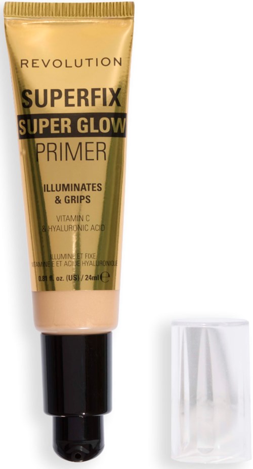 Een gouden tube van Revolution Superfix Super Glow Primer met zwarte en witte tekst en een doorzichtige dop.