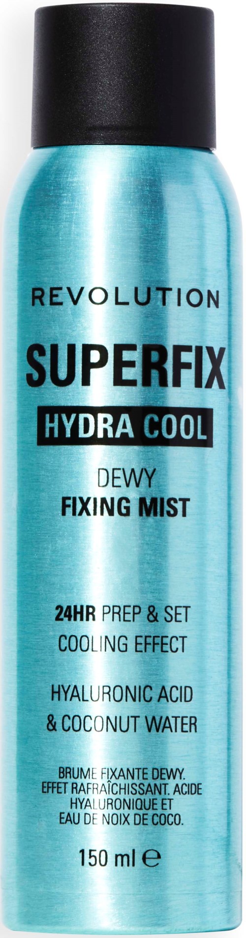 Een blauw met zwart spuitbus met 'Revolution Superfix Hydra Cool Dewy Fixing Mist' voor het fixeren van make-up.