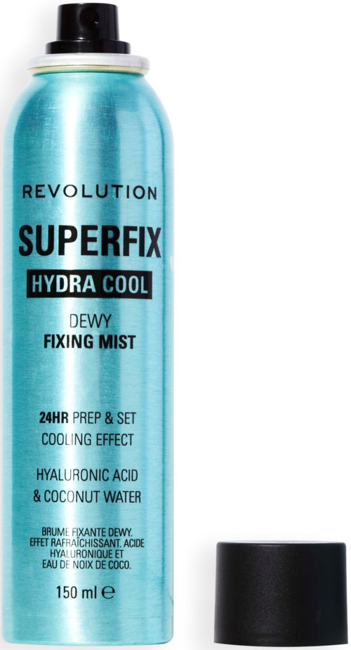 Een lange, blauwe spraybus van Revolution Superfix Hydra Cool Dewy Fixing Mist met zwarte dop.